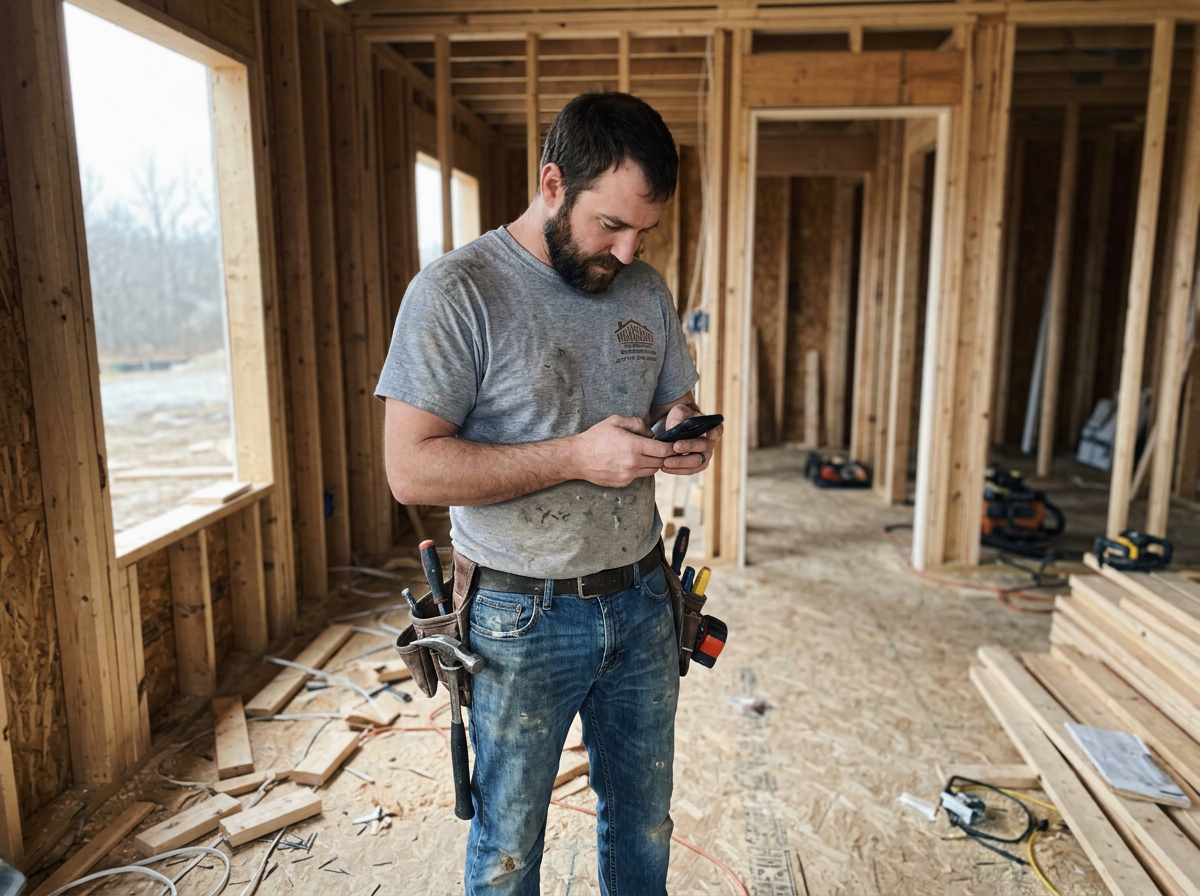 Contractor on phone inside a framed house