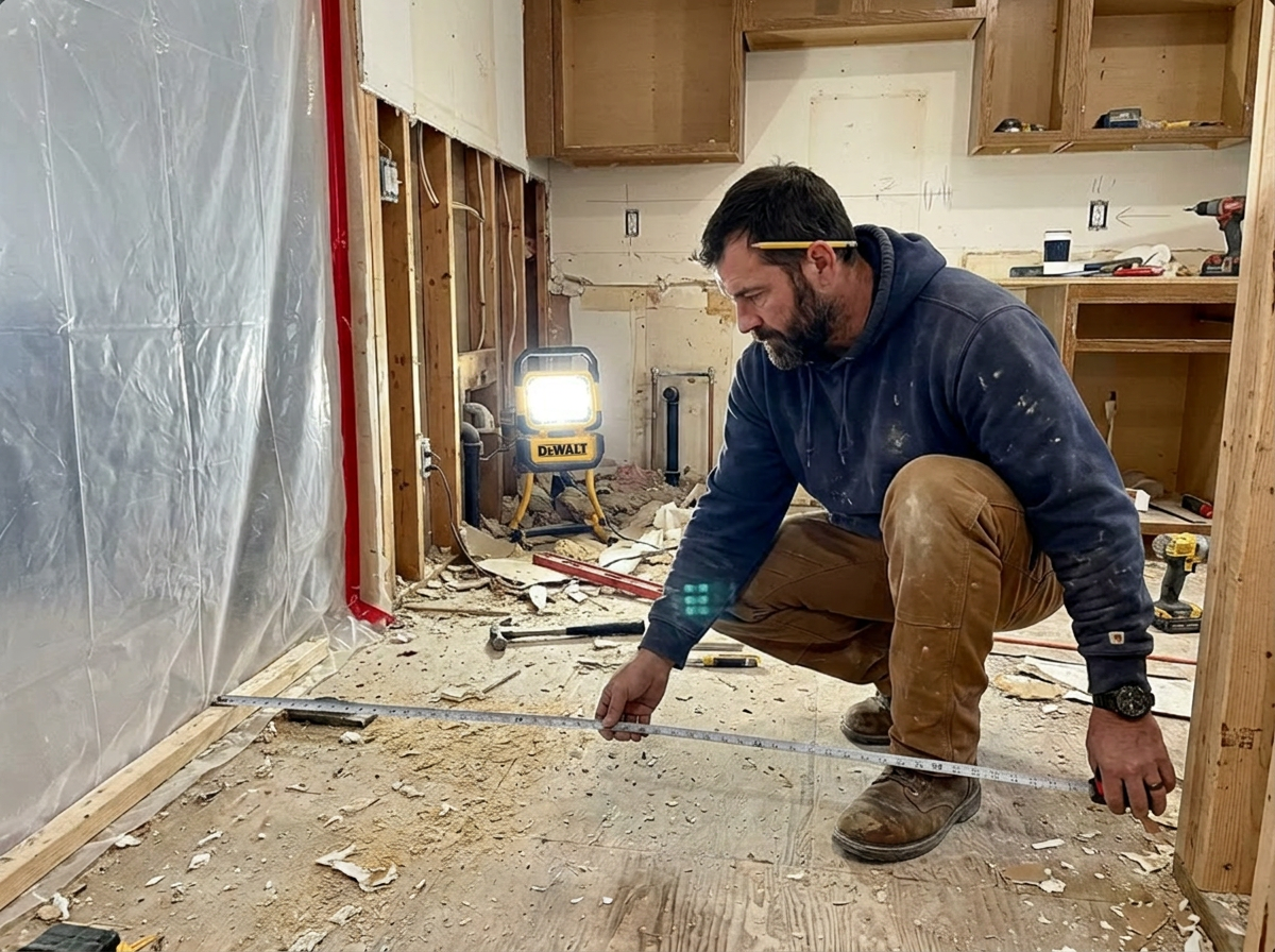 Contractor measuring in a gutted kitchen