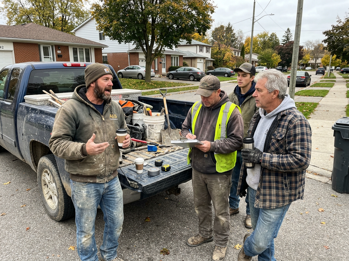 Crew talking at a truck
